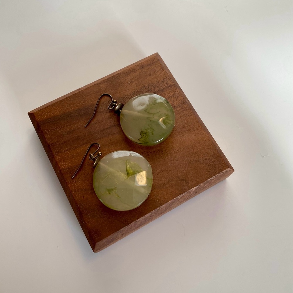 4/$15 Vintage Boho Grey Green Bronze Acrylic Marble Texture Round Drop Earrings